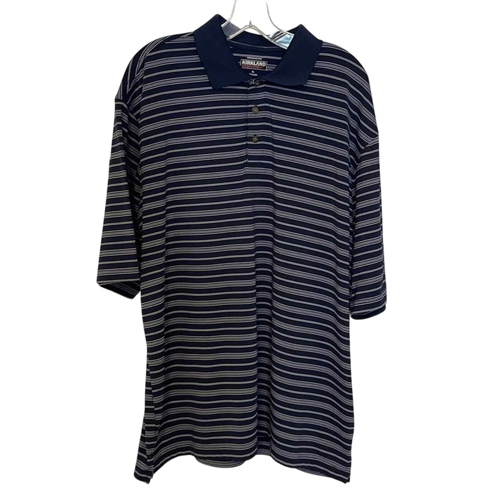 Kirkland Signature Mens XL Navy Blue Striped Performance Polo Shirt Short Sleeve